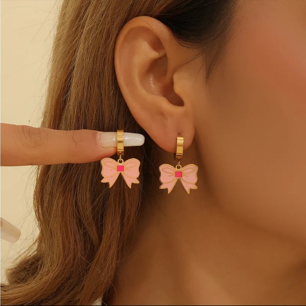 18K Gold Plated Hoop Huggies Exquisite Pink Bowknot Drop Dangle Sweet Style